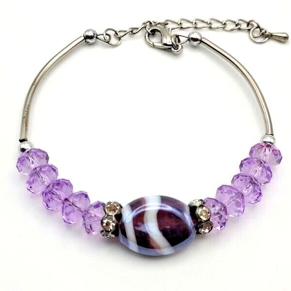 Silvertone Adjustable Bracelet Amethyst Colored Glass Rondelles Art Glass Center - Picture 1 of 4